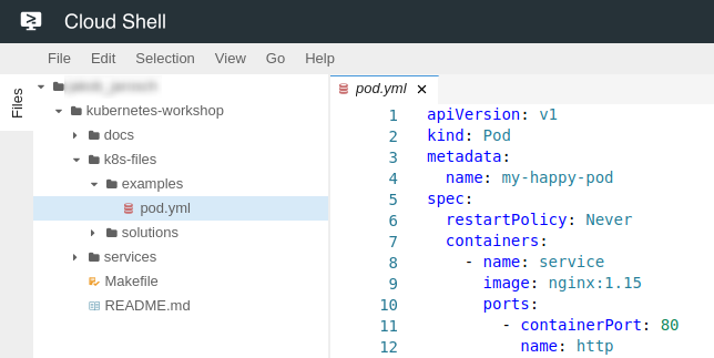 Screenshot of workspace files in cloud shell